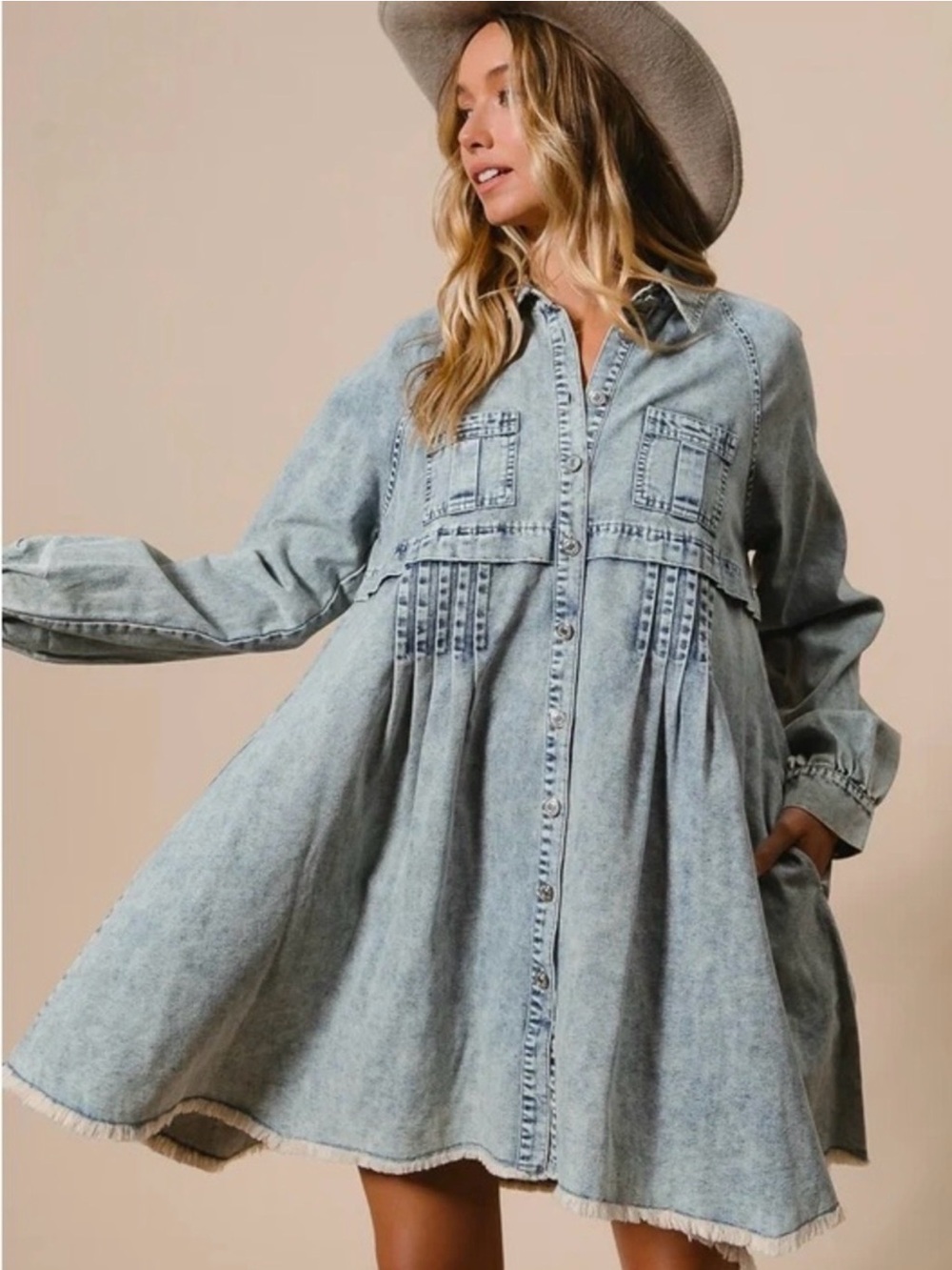 BIBI Acid Wash Denim Babydoll Shirt Dress Raw Hem NWT M